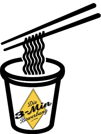 Kreative Illustration einer Instant-Nudel-Tasse mit Essstäbchen und dem Logo 'Die 3-MIN Bewerbung' als Metapher für den schnellen Bewerbungsprozess