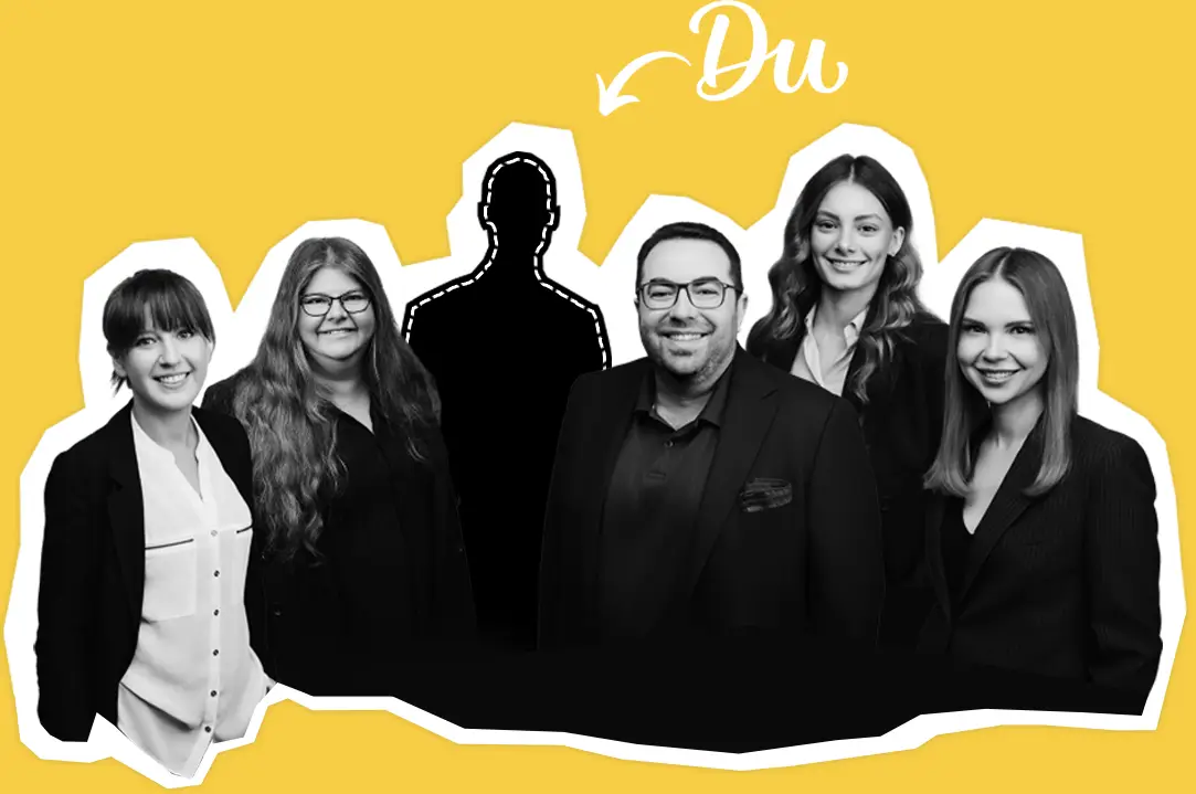 Das Team der R.TAX Steuerberatung in Berlin vor gelbem Hintergrund mit einer freien Silhouette für ein neues Teammitglied
