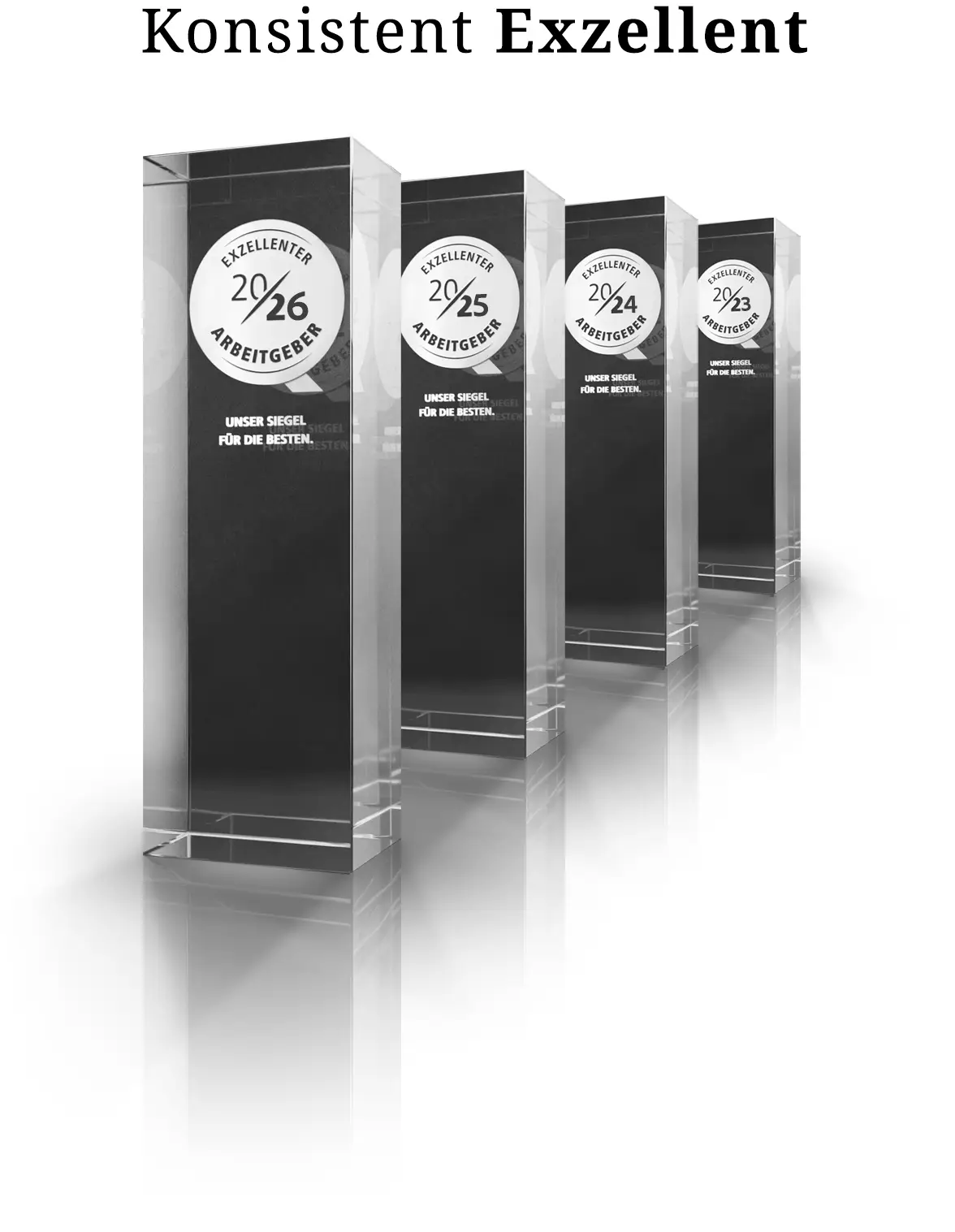 Vier hintereinander aufgereihte Awards aus Acrylglas mit dem Siegel Exzellenter Arbeitgeber für die Jahre 2023 bis 2026 unter der Überschrift Konsistent Exzellent