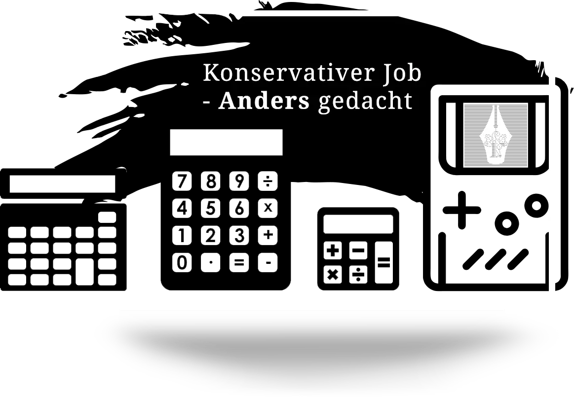 Mobile R.TAX Hero-Grafik mit dem Slogan Konservativer Job - Anders gedacht, mehreren Taschenrechnern und einem Gameboy als Symbol für moderne Steuerberatung